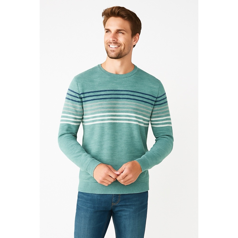 NWT Sonoma Supersoft Sweater Men's L Green Stripe Crew Neck‎ Casual Minimalist